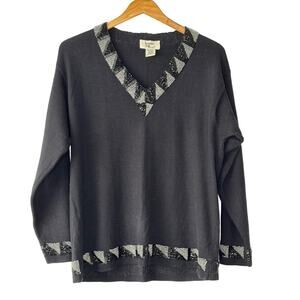 Bonnie‎ and Bill by Holly Sweater Womens Med Black Beaded Vneck Old Money Party